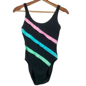 Vintage Mainstream Bathing Suit Swimsuit Size 10 Black Pastel Stripe Woven ILGWU